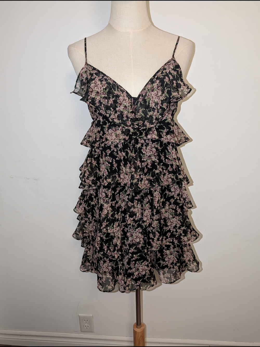 Ark & Co Black Mini Dress with Pink Floral Ruffles